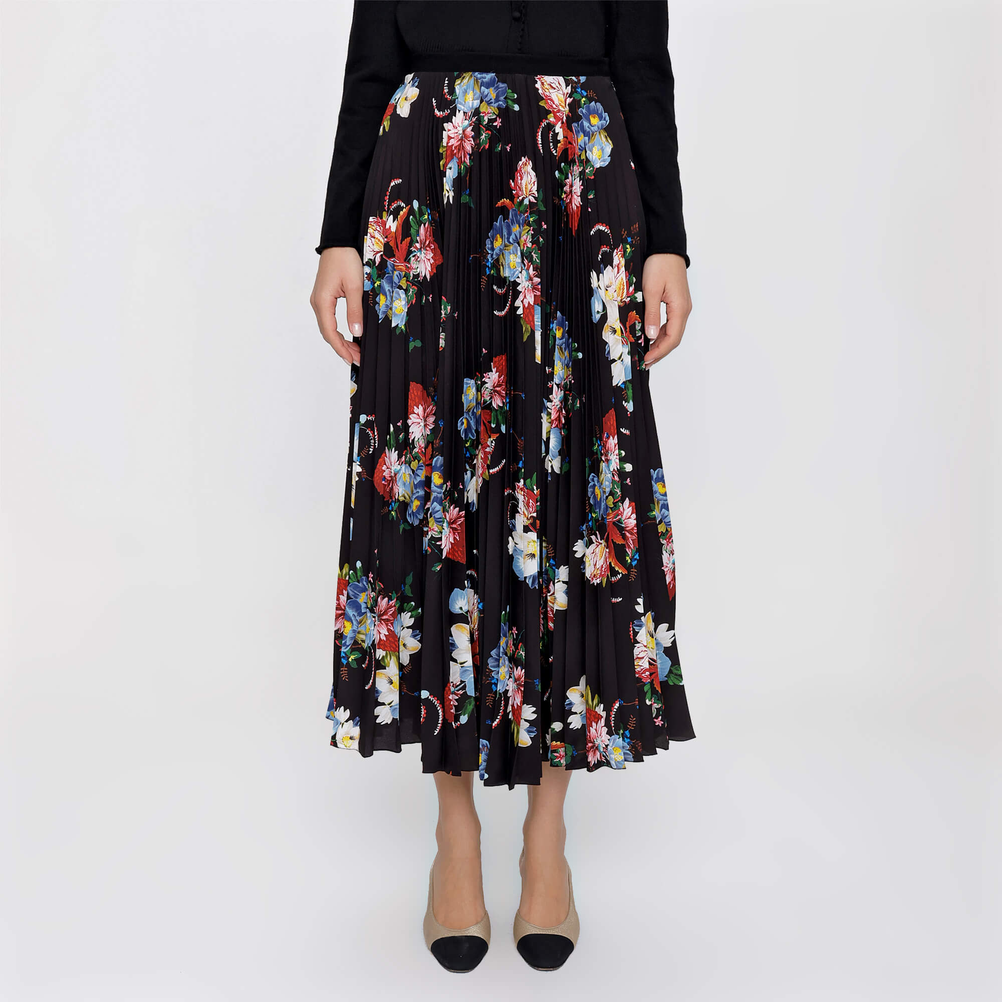 Erdem - Black Floral Print Pleated Midi Skirt